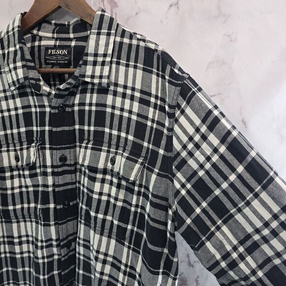 Filson Shirt Mens Large Black White Plaid Button Up Long Flannel Lightweight - Picture 11 of 12
